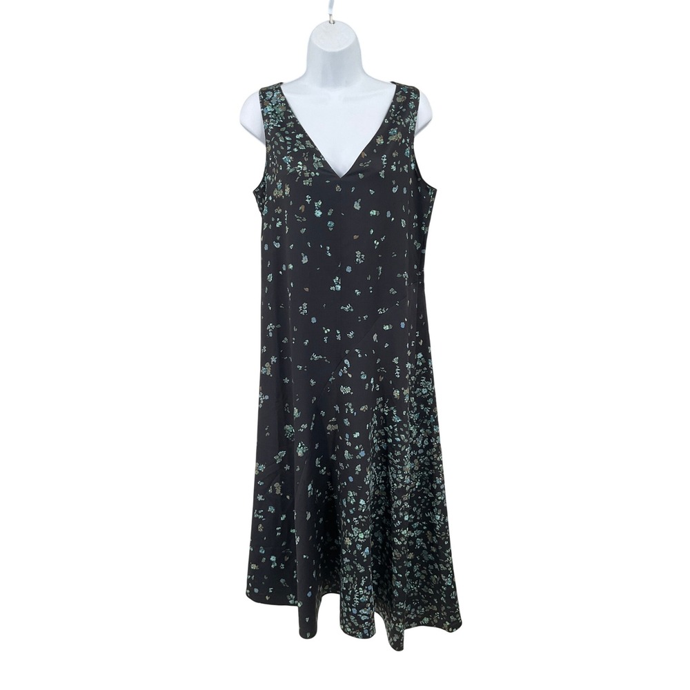 Vince Floral V-Neck Midi Dress Womens M Black Teal Blue Minimalist